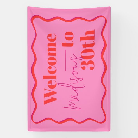 Roze en rode golvende rand 30e verjaardag spandoek (Verticaal)