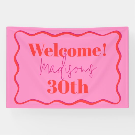 Roze en rode golvende rand 30e verjaardag spandoek (Horizontaal)