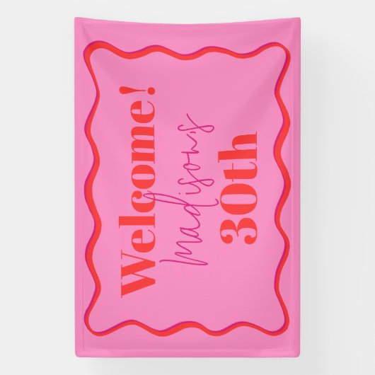 Roze en rode golvende rand 30e verjaardag spandoek (Verticaal)