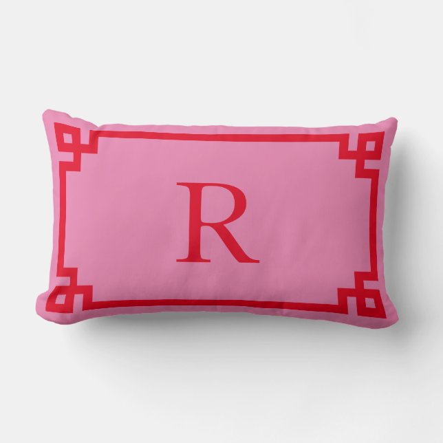 Roze en rode Griekse sleutelmonogram Kussen (Voorkant)