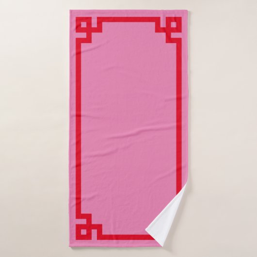 Roze en rode Griekse sleutelrand Badhanddoek (Badhanddoek)