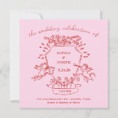 Roze en Rode Hand getrokken kuif met Cherubs bruil Kaart (Voorkant)