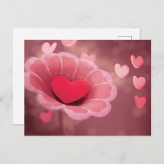 Roze en Rode Handgemaakte Papieren Hartbloem Briefkaart (Voorkant / Achterkant)