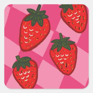Roze en Rode Handgetekende Aardbeienruitjes Vierkante Sticker