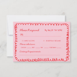 roze en rode handgetekende hart speelse bruiloft RSVP kaartje