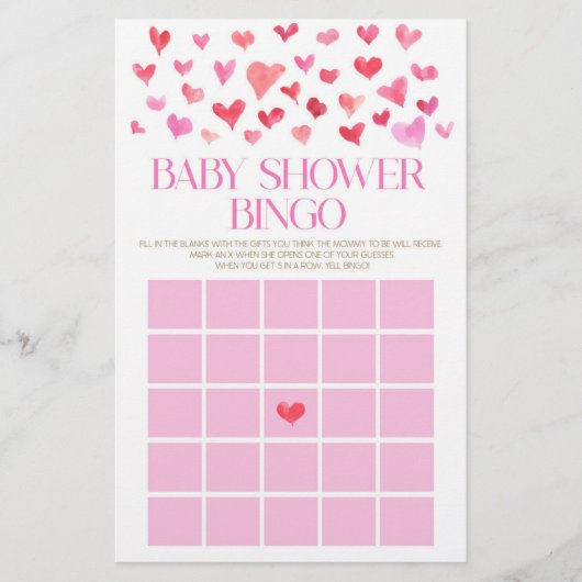 Roze en rode harten Bingo Baby shower Game Briefpapier (Voorkant)