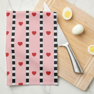 Roze en rode harten geruit streep theedoek