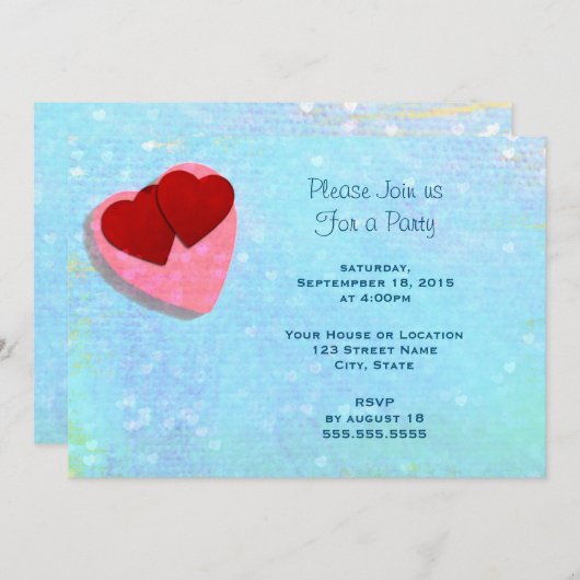 Roze en rode harten op een Blauwe Generische Parti Kaart (Voorkant / Achterkant)