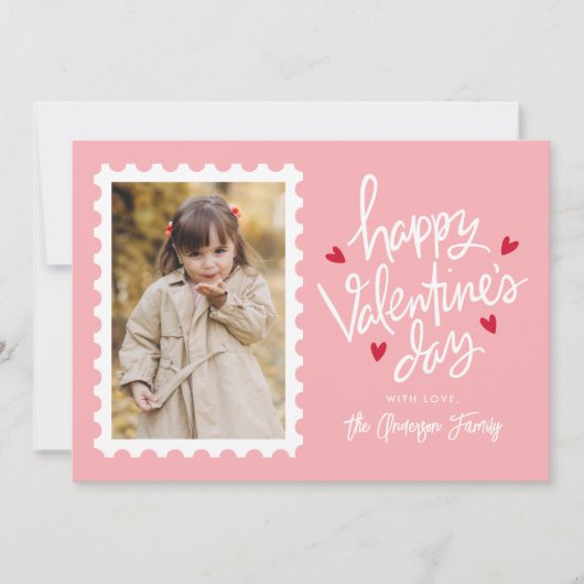 Roze en rode harten Stempel Foto Valentijnsdag Feestdagenkaart (Voorkant)