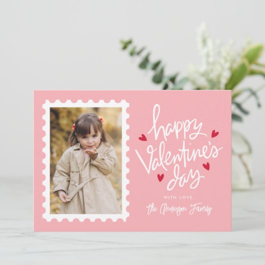 Roze en rode harten Stempel Foto Valentijnsdag Feestdagenkaart (Staand voorkant)