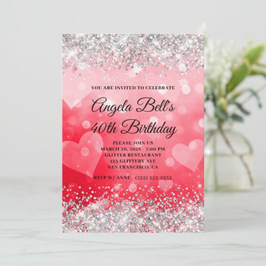 Roze en rode harten Zilver Glitter 40e verjaardag Kaart (Staand voorkant)