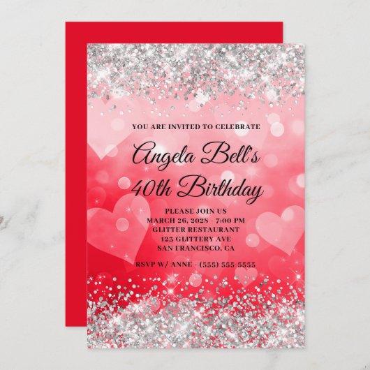 Roze en rode harten Zilver Glitter 40e verjaardag Kaart (Voorkant / Achterkant)