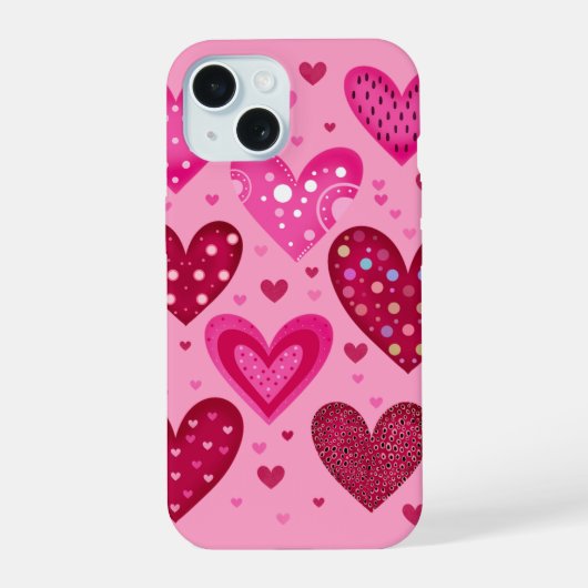 Roze en rode hartjes met patronen iPhone 15 case (Achterkant)