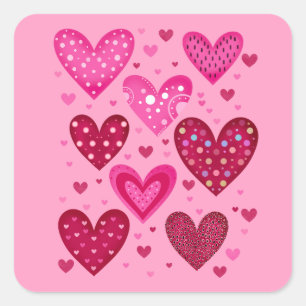 Roze en rode hartjes met patronen vierkante sticker