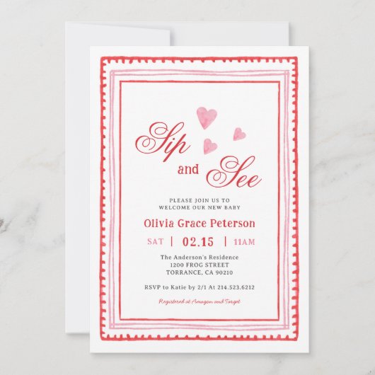 Roze en Rode Hartjes Nieuwe Baby Slurpen en Zien M Kaart (Voorkant)