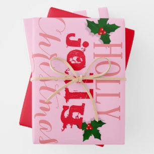Roze en Rode Holly Jolly Kerstmis Inpakpapier Vel