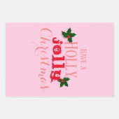 Roze en Rode Holly Jolly Kerstmis Inpakpapier Vel (Voorkant)