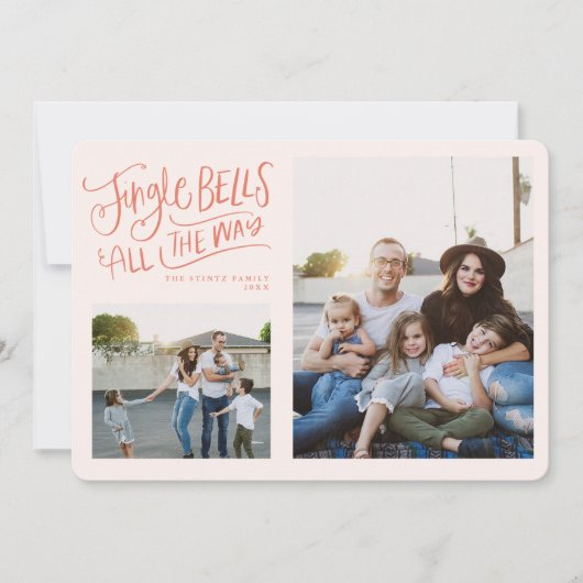 Roze en rode Jingle Bells Holiday Photo Card Kaart (Voorkant)