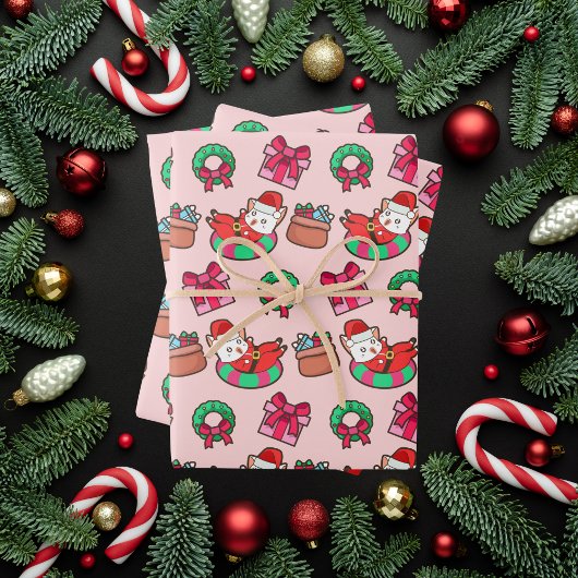 Roze en rode Kawaii Kerstkat Inpakpapier Vel