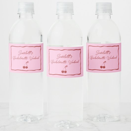Roze en Rode Kersen Bachelorette Feestweekend Waterfles Etiket