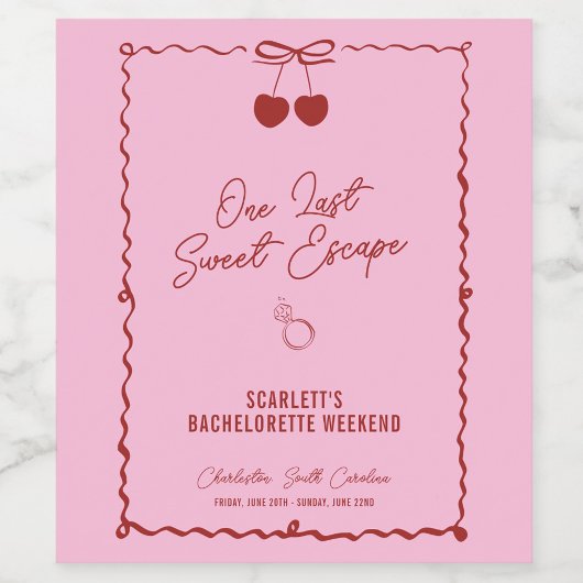 Roze en Rode Kersen Bachelorette Weekend Wijn Etiket