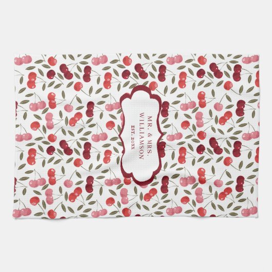  roze en rode kersen patroon | Monogram Tea Theedoek (Horizontaal)