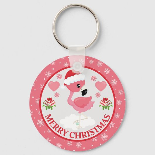 Roze en Rode Kerst Flamingo Winter Sleutelhanger (Voorkant)