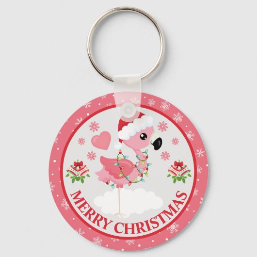 Roze en Rode Kerst Flamingo Winter Sleutelhanger (Voorkant)