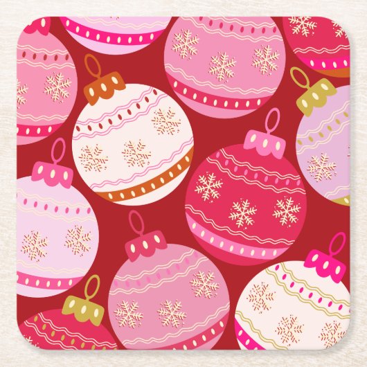 Roze en rode kerstballen kartonnen onderzetters (Voorkant)
