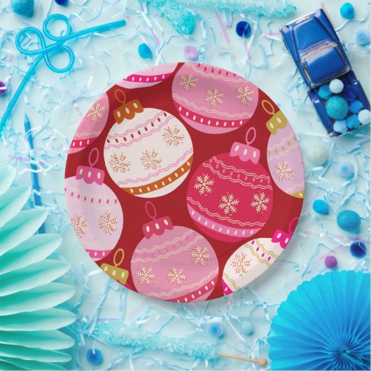 Roze en rode kerstballen papieren bordje (Feest)
