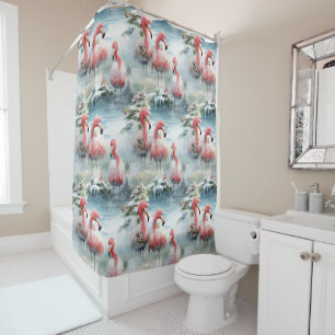 Roze en Rode Kerstmis Flamingo Winter ontwerp met Douchegordijn