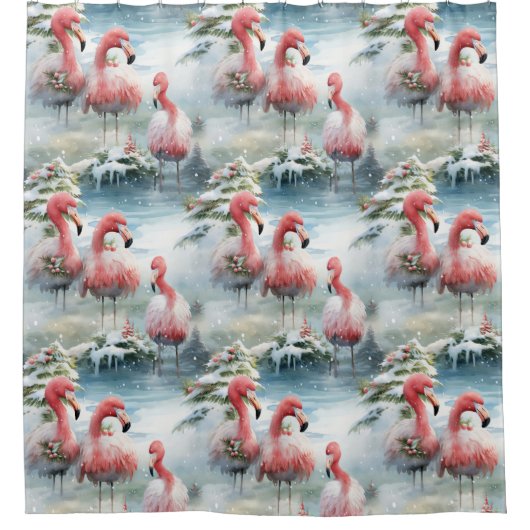 Roze en Rode Kerstmis Flamingo Winter ontwerp met Douchegordijn (Voorkant)