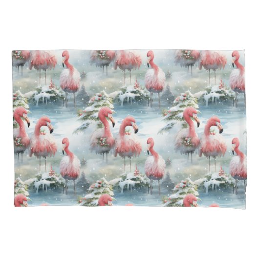 Roze en Rode Kerstmis Flamingo Winter ontwerp met Kussensloop (Voorkant-Links)