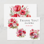 Roze en rode klaproos met tulpen bedankkaart (Voorkant / Achterkant)