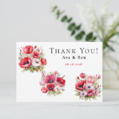 Roze en rode klaproos met tulpen Dank u kaart (Staand voorkant)