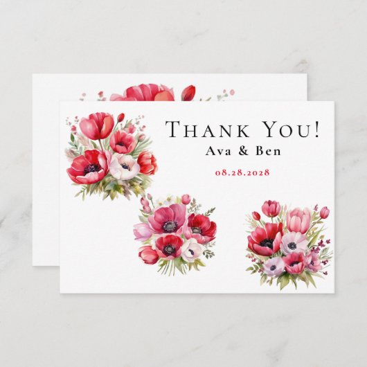 Roze en rode klaproos met tulpen Dank u kaart (Voorkant / Achterkant)