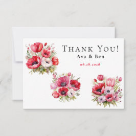 Roze en rode klaproos met tulpen Dank u kaart