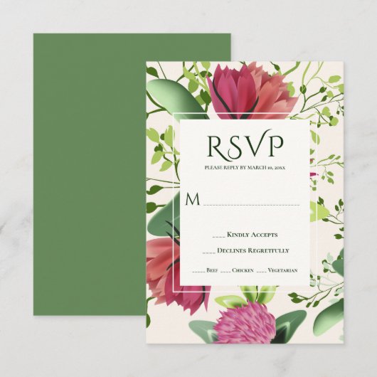 Roze en rode klaver Floral Greenery Wedding RSVP Kaartje (Voorkant / Achterkant)