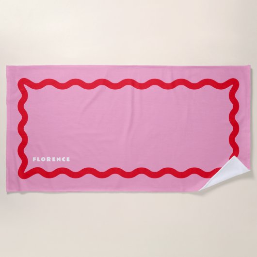 Roze en rode kronkel met tekst strandlaken (Voorkant)