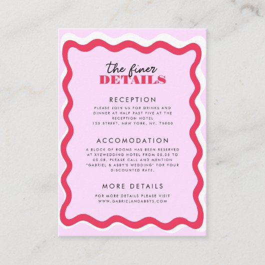 Roze en rode Lijst Retro 70s Details bruiloft Informatiekaartje (Voorkant)