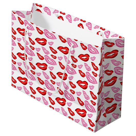 Roze en rode lippenstift prints groot cadeauzakje (Voorkant Gekanteld)