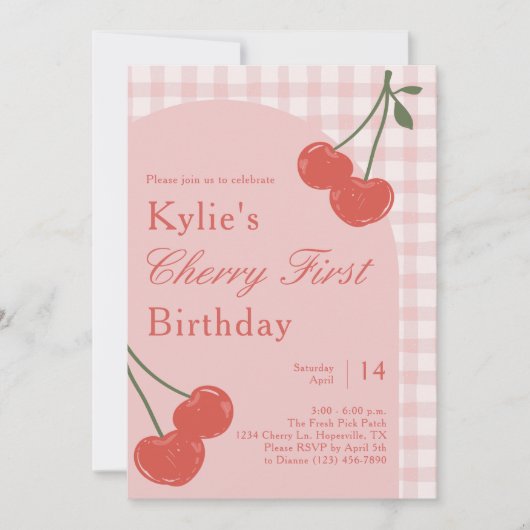 Roze en rode meisje kersen eerste verjaardag kaart (Voorkant)