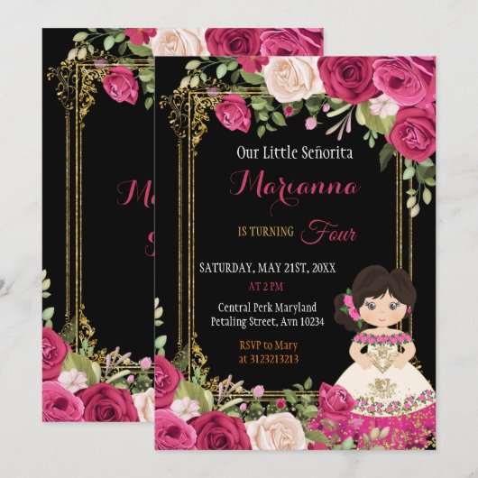 Roze en rode Mexicaanse Floral Girl Fiesta Birthda Kaart (Voorkant / Achterkant)