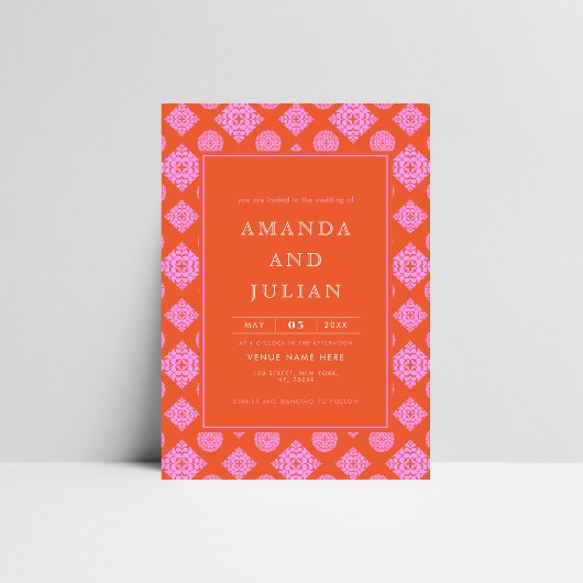 Roze en Rode Mid Century Modern All-in-One Weddens Kaart