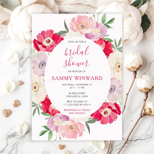 Roze en rode pioenbloemen Bruidsdouche Kaart