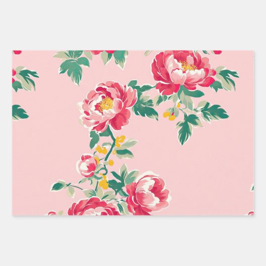 Roze en rode pioenroos Chinoiserie Floral Inpakpapier Vel (Voorkant)