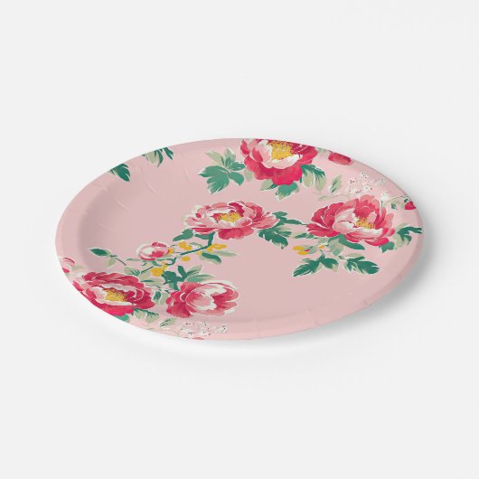 Roze en rode pioenroos Chinoiserie Floral Papieren Bordje (Gekanteld)