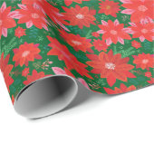 Roze en Rode Poinsettia Patroon op Groen Cadeaupapier (Rol Hoek)