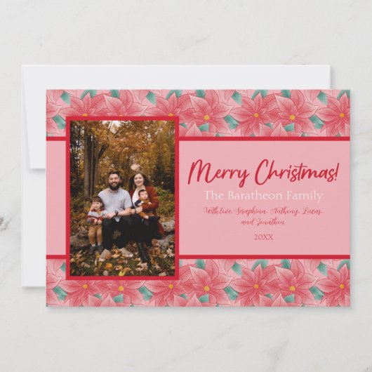 Roze en Rode Poinsettia Persoonlijke foto's Feestdagenkaart (Voorkant)