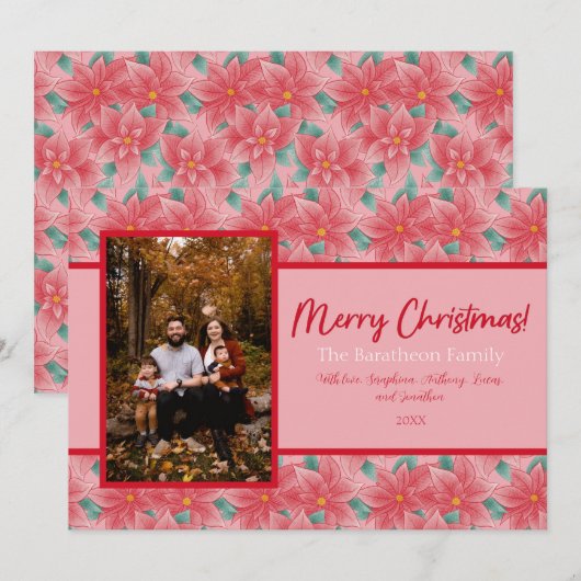 Roze en Rode Poinsettia Persoonlijke foto's Feestdagenkaart (Voorkant / Achterkant)